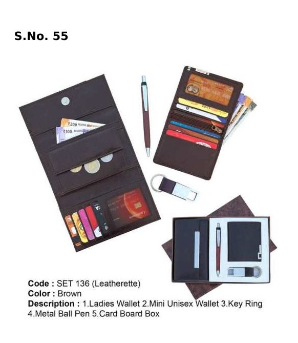 4 Piece Gift Set of ladies wallet, mini unisex wallet, key ring with dog hook, metal roller pen, card board box