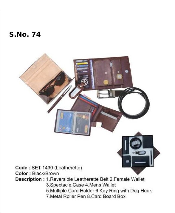 7 Piece Gift Set of reversible belt, ladies wallet, spectacle case, gents wallet, multiple card holder, key ring with dog hook, metal roller pen, card board box