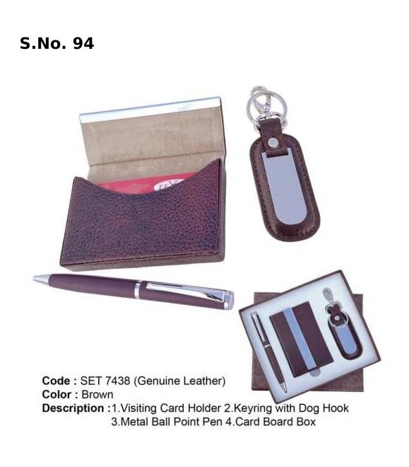 3 piece genuine leather Gift Set of visiting card holder, key ring with dog hook, metal ball pen, card board box 