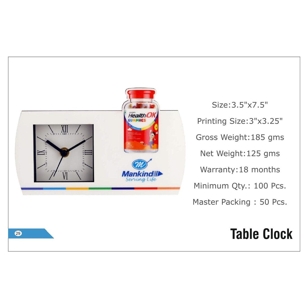 Table Clock - Size : 3.5" X 7.5" Printing Size : 3" X 3.25" (Moq : 100 Pcs)