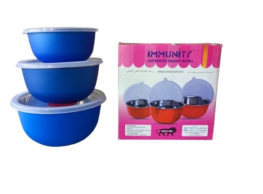 IMMUNITY BOWL- DOUBLE WALL  STAINLESS STEEL WITH AIRTIGHT LID - (3 PCS SET - 1000 ML x 1500 ML x 2000 ML)