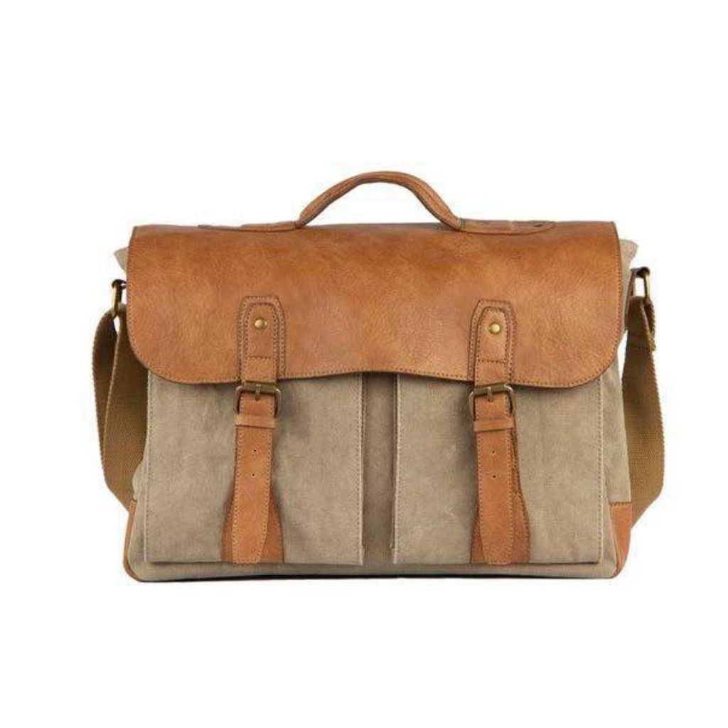 [60568] Brown 100% Cotton Unisex Canvas Messenger Crossbody Laptop Bag For Upto 14" Laptop/Mac Book/Tablet With Stylish Design 