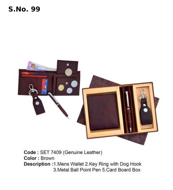 [63911] 3 Piece Gift Set of gents wallet, key ring with dog hook, metal ball pen, premium card board box