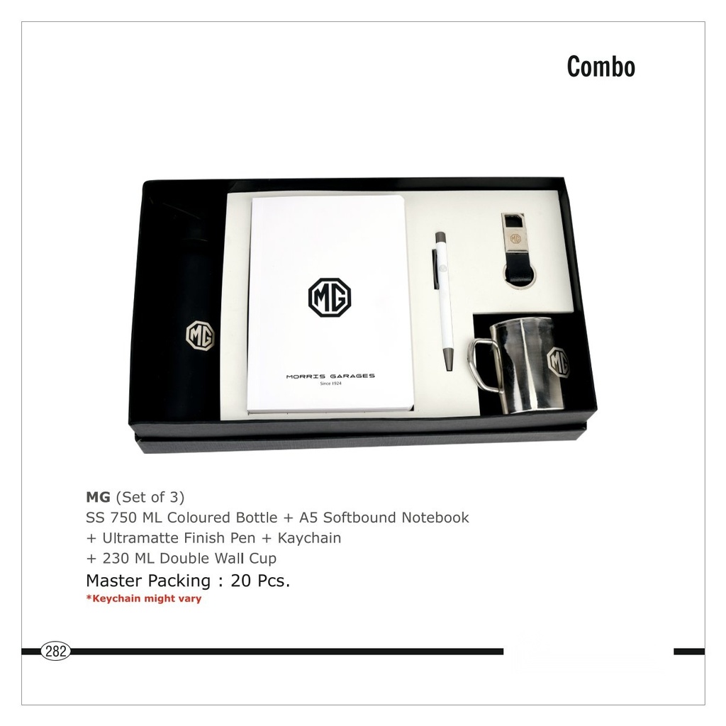 [64715] 5 Pc set of SS 750 ML coloured bottle + A5 Softbound Notebook + Ultramatte finish Pen + Keychain + 230 ML Double wall Cup