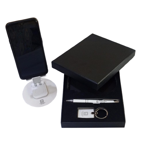[65949] 3 IN 1 SET OF WHITE MOBILE STAND, PEN, KEYCHAIN WITH BOX PACKING