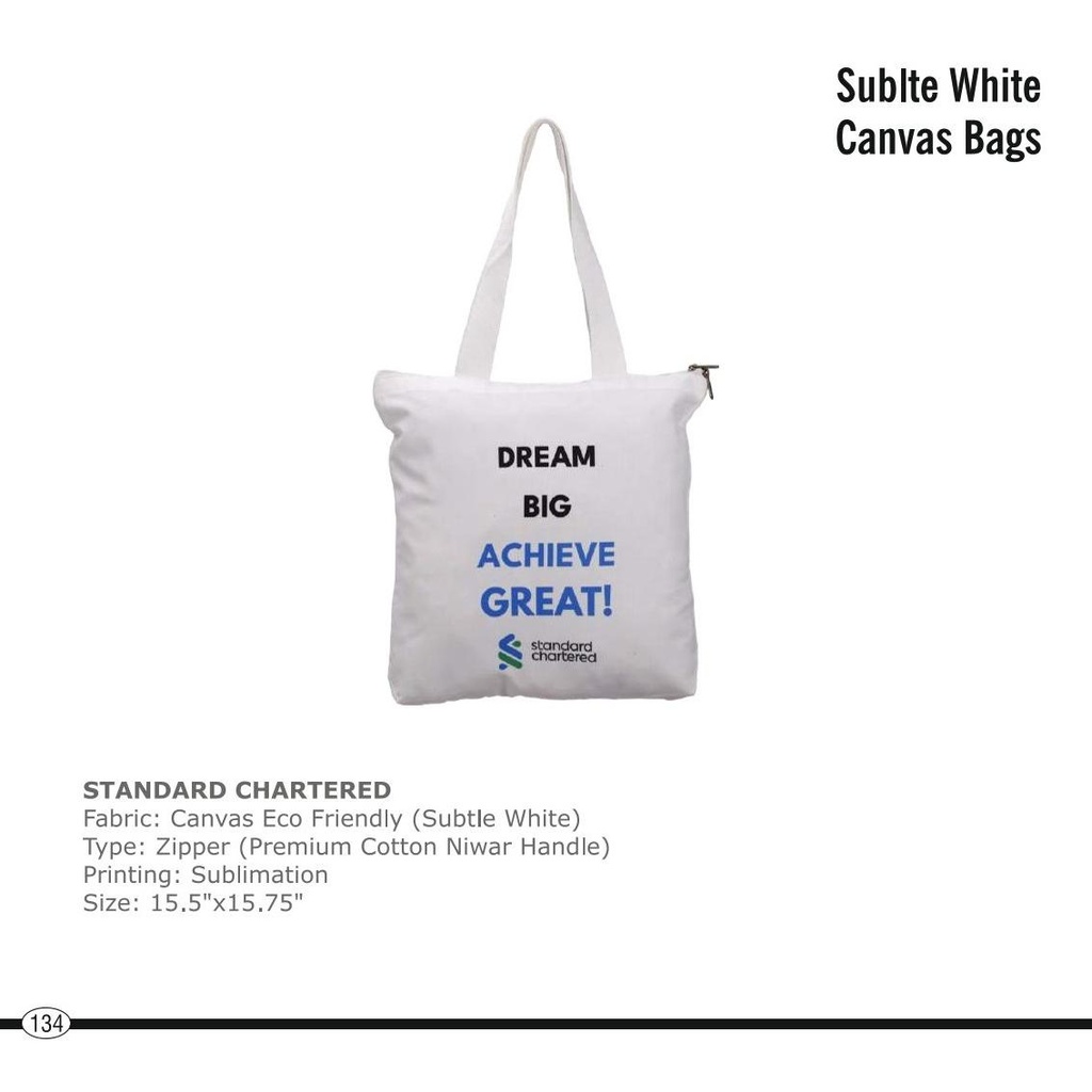 [56051] Standard Chartered  |  Bag - Canvas, Fabric : Canvas Eco Friendly (Subtle White), Type : Zipper (Premium Cotton Niwar Handle), Printing : Sublimation, Size : 15.5" X 15.75"