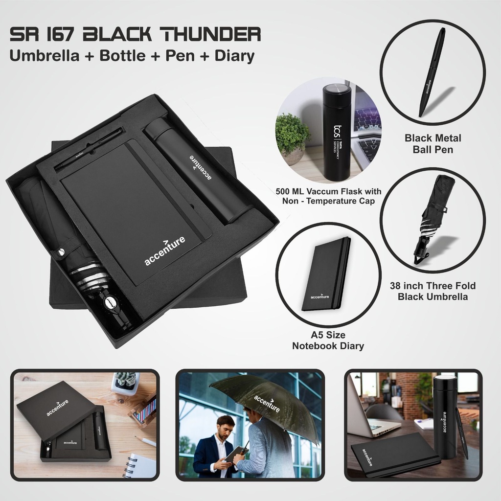 [62607] Black Thunder Premium Gift Set: 500ml Vacuum Flask, 38-inch Three Fold Umbrella, A5 Notebook Diary & Metal Ball Pen - Ideal for Professionals